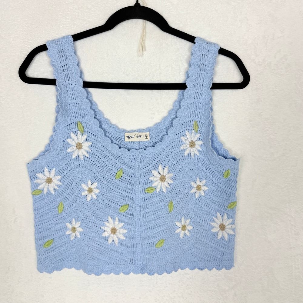 Blue Crochet Knit Daisy Floral Tank Top Scalloped Cropped Grandma Coastal Med - Picture 2 of 7
